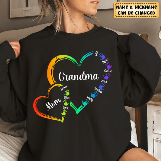 Rainbow Grandma Mom Heart Handprint Kids Personalized Sweatshirt