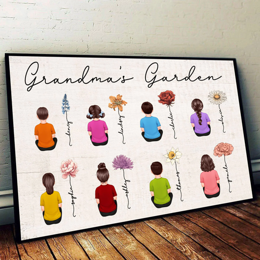 Vintage Birth Month Flowers Garden With Grandkids Names Personalized Poster, Mother‘s Day Gift For Grandma Mom Auntie