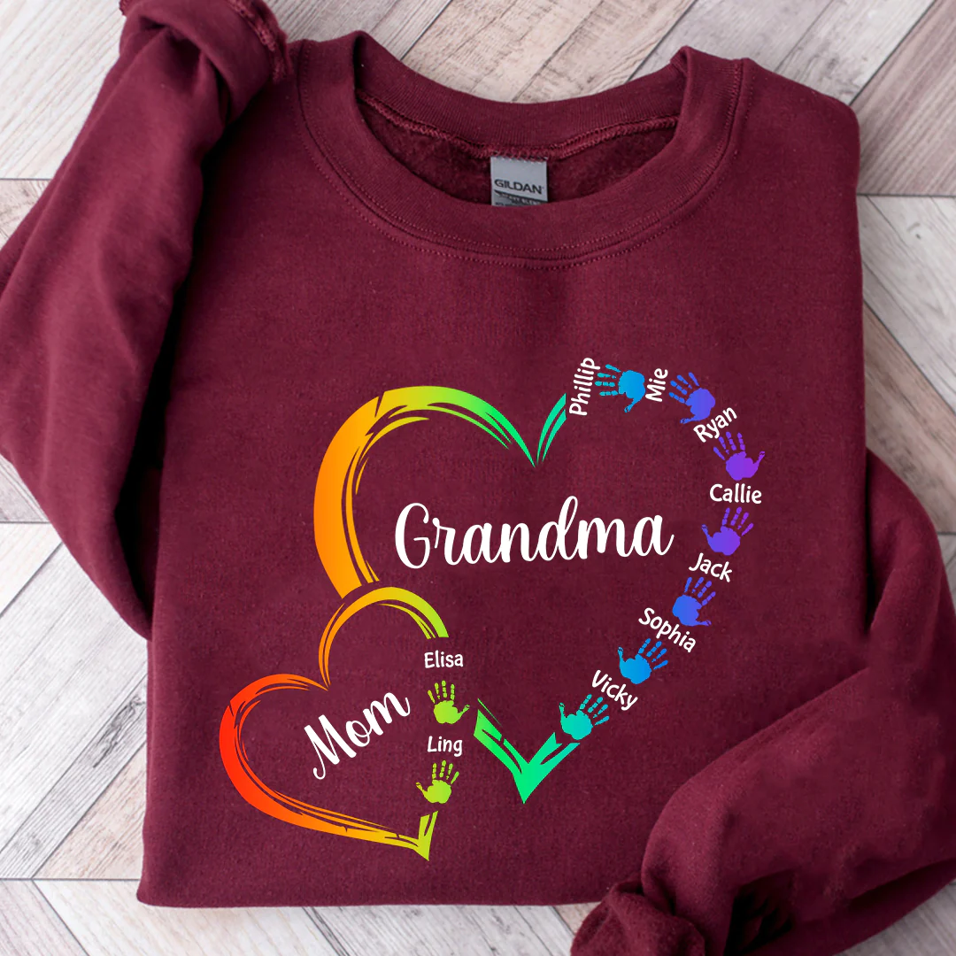 Rainbow Grandma Mom Heart Handprint Kids Personalized Sweatshirt