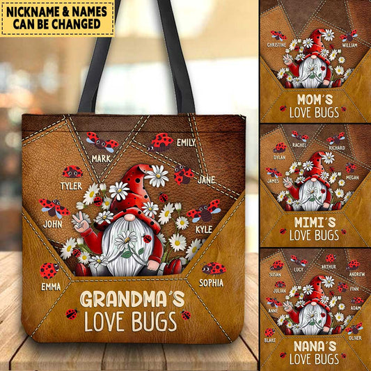 Personalized Grandma Mom Gnome Grandma's Love Bugs Mother's Day Gift Leather Pattern Tote Bag