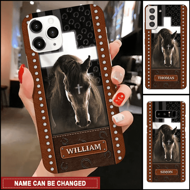 Custom Name, Love Horses With God Leather Texture Personalized Silicone Phone Case