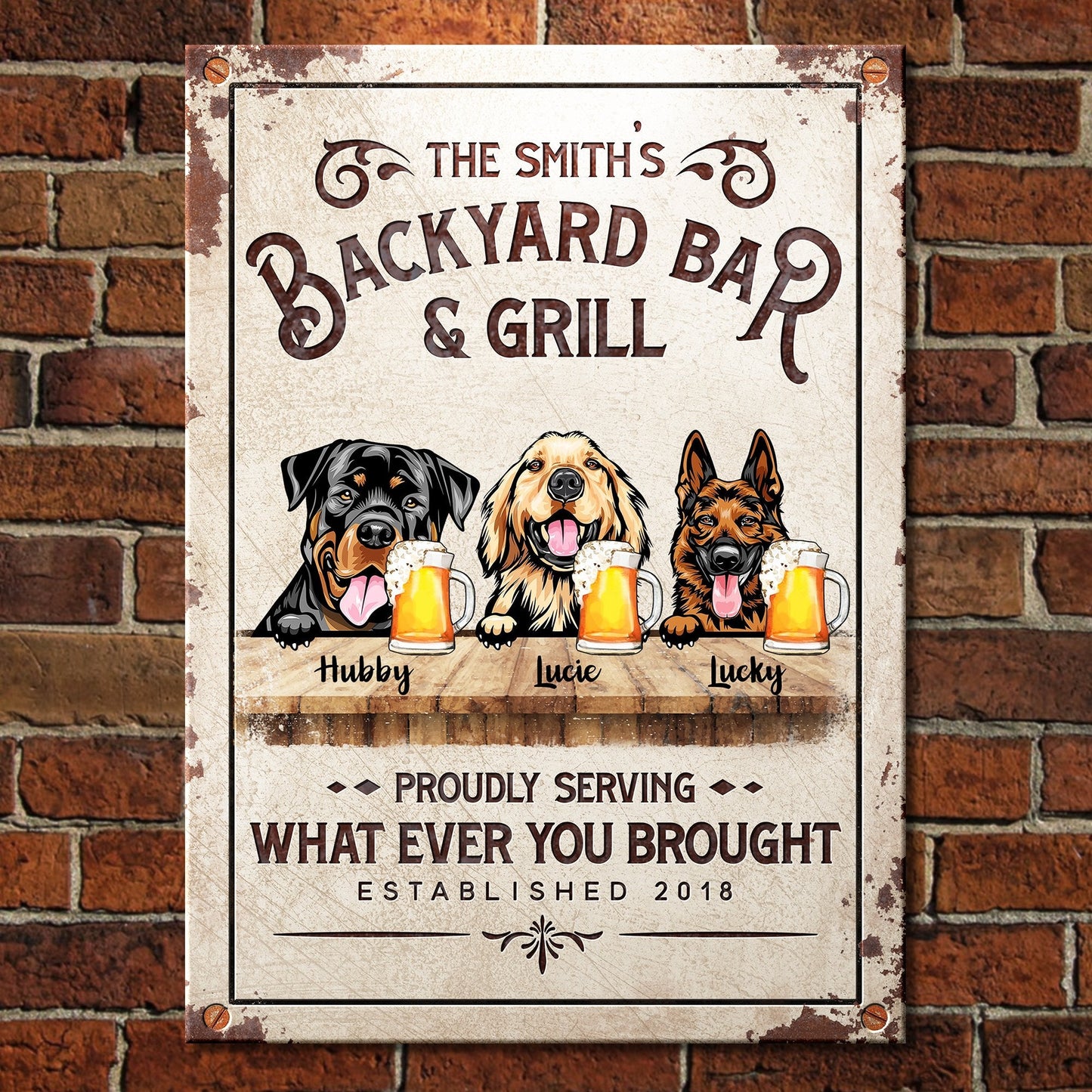 Backyard Bar & Grill - Funny Personalized Dog Metal Sign