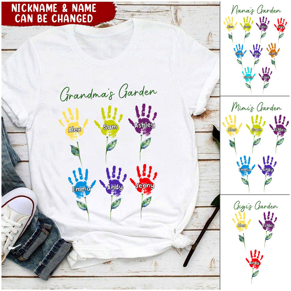 Grandma's Garden Handprint Grandkids Mother's Day Gift Custom T-shirt