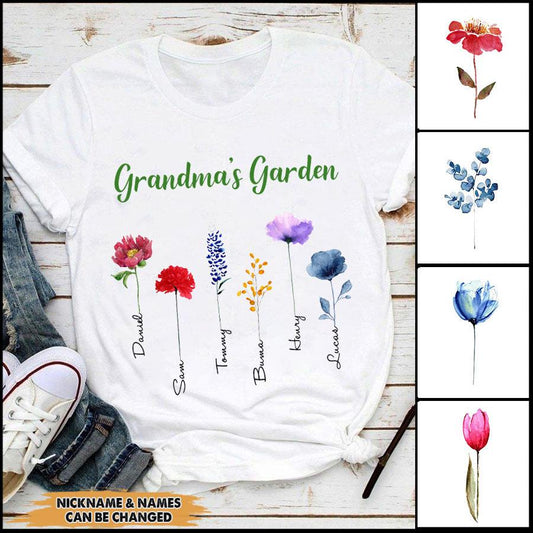 Personalized Grandma's Flower Garden Shirt, Custom Family Watercolor Flowers Shirt (up to 8 Kids)