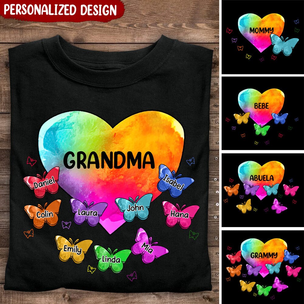 Colorful Heart Grandma Auntie Mom Butterfly Kids Personalized T-shirt