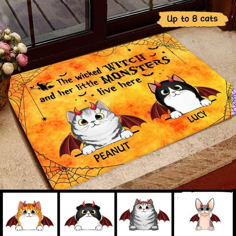Halloween Wicked Witch & Little Monster Fluffy Cat Personalized Doormat