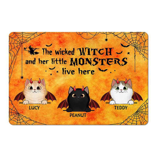 Halloween Wicked Witch & Little Monster Fluffy Cat Personalized Doormat