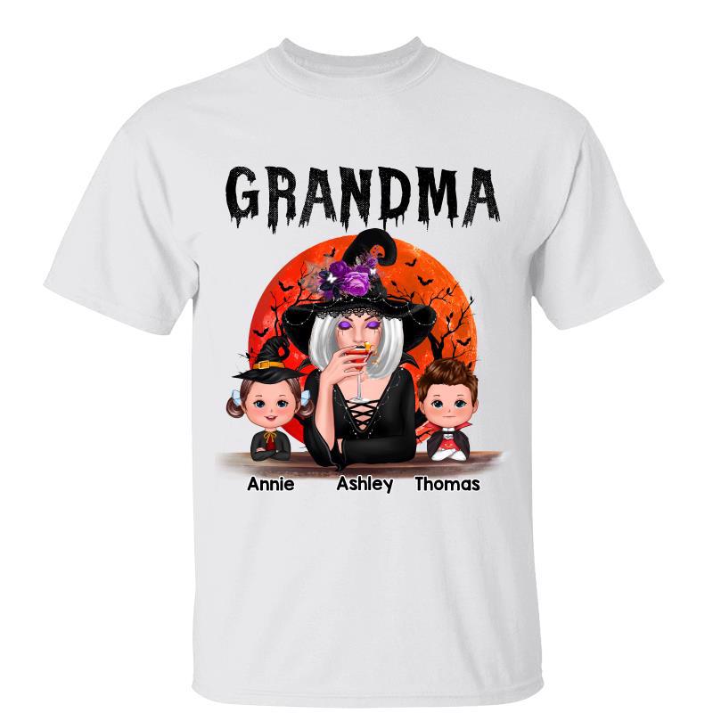 Halloween Moon Grandma Mom Witch With GrandKids Personalized Shirt